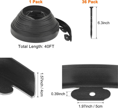 Garden Edging - 40 Feet Plastic Landscaping Edging Border with 36 Pack Spikes Apply to Flower Beds/Grass Lawn/Yard (1.57Inches Tall, Black)