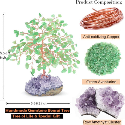 Green Aventurine Healing Crystal Tree – Jade Tree with Amethyst Cluster Base Positive Energy for Home and Office Decoration 5.5-6.3 Inches