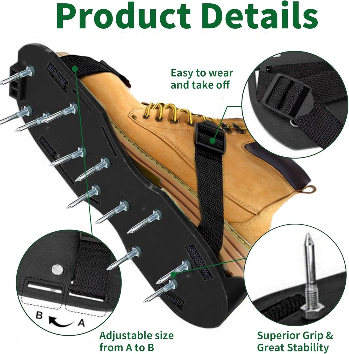 The Lawn Aerator Shoes for Grass, Epoxy Spiked Shoes with 1.65'' Sharp Short Spikes, Garden Grass Loosening Spike Shoe for Epoxy Flooring, 6 - Shoelace Design (Black, 11.8'' x 5.1'')
