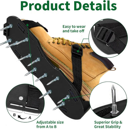 The Lawn Aerator Shoes for Grass, Epoxy Spiked Shoes with 1.65'' Sharp Short Spikes, Garden Grass Loosening Spike Shoe for Epoxy Flooring, 6 - Shoelace Design (Black, 11.8'' x 5.1'')