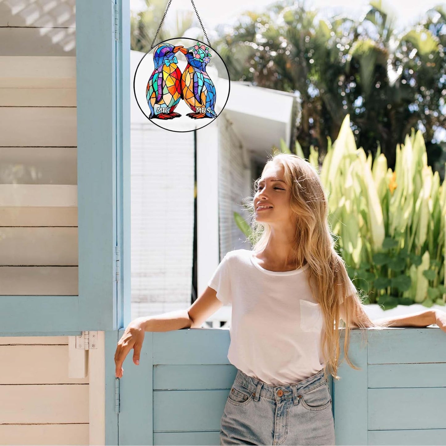 Wedding Gifts Sun Catcher Stained Glass Window Hanging Penguin Couple Wall Decor Handmade Ornament Light Catcher Mr & Mrs Couples Gift Bridal Shower Gift for Couple, 7.87inch