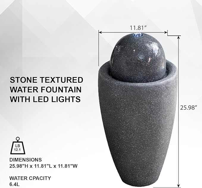 XBrand 25.98" H Round Stone Indoor/Outdoor Modern Stone Textured Sphere Water Fountain w/LED Lights, Ball Fountain Decor, Gray