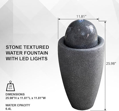 XBrand 25.98" H Round Stone Indoor/Outdoor Modern Stone Textured Sphere Water Fountain w/LED Lights, Ball Fountain Decor, Gray