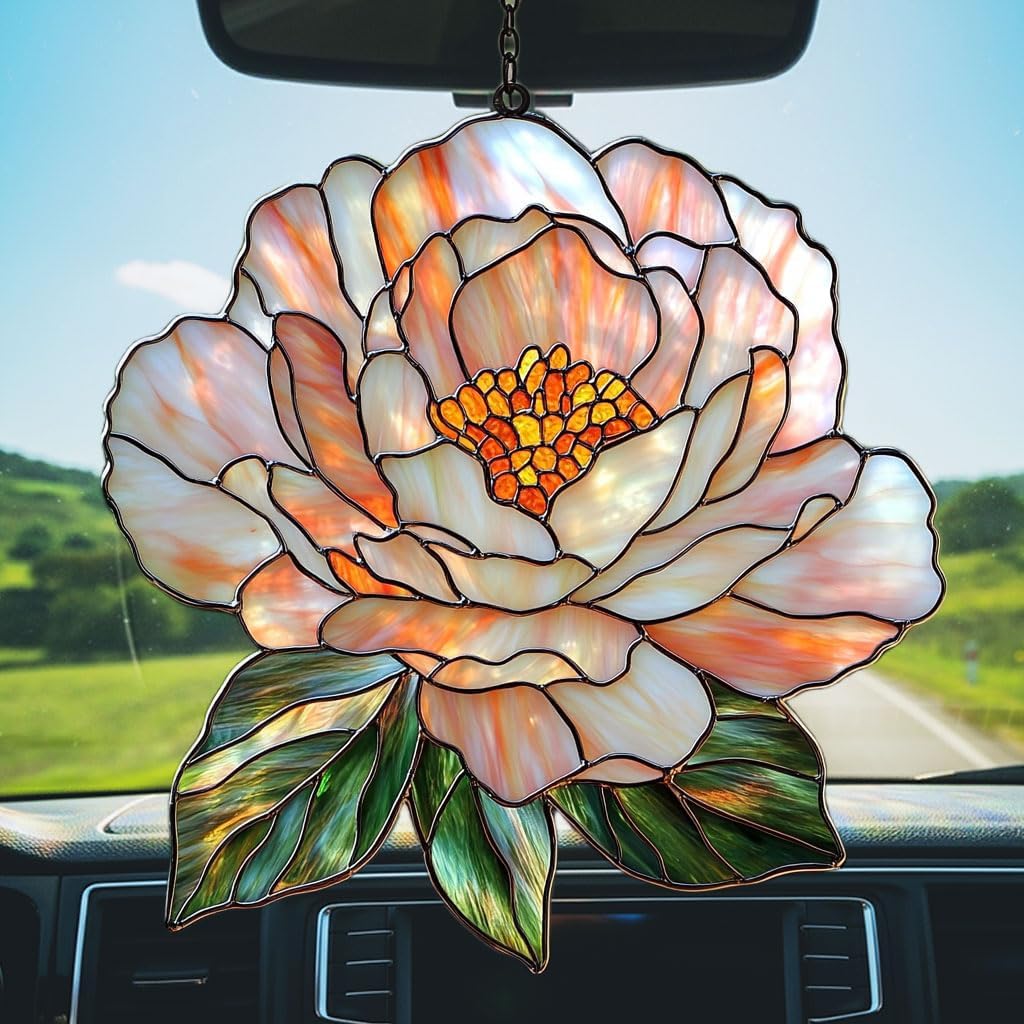 Pastel Pink Peony Acrylic Suncatcher Stained Glass Effect Window Car Hanging Christmas Ornament Indoor Outdoor Decor Garden Sun Catcher Panel for Peony Lover for Women Mom Grandma