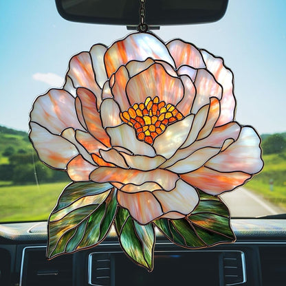 Pastel Pink Peony Acrylic Suncatcher Stained Glass Effect Window Car Hanging Christmas Ornament Indoor Outdoor Decor Garden Sun Catcher Panel for Peony Lover for Women Mom Grandma