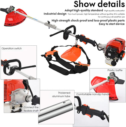 Gas Weed Eater 6 in 1 Hedge Trimmer Grass Trimmer, 52cc 2 Cycle Weed Wacker with Anti-Slip Handle Brush Cutter Garden Tools Edger Lawn Tool Red