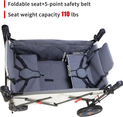 Foldable Wagon with Canopy - Collapsible Utility Cart with 2 Seats & Belts, Adjustable Handle, Expandable Front for Camping, Picnic, Shopping (Beige/Grey)