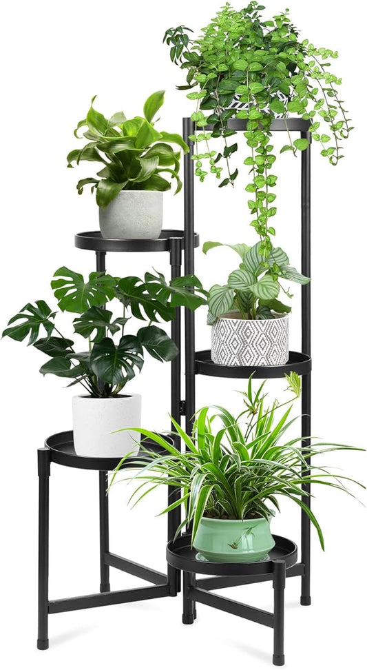 Plant Stand Indoor Outdoor 5 Tier Foldable Corner Tall Plant Shelf for Multiple Plants, Black Metal Tiered Plant Stand Sturdy and More Balanced for Garden Patio Lawn Balcony (5 tier)