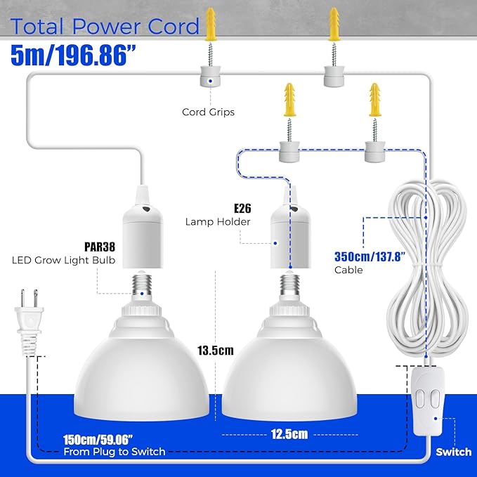 Barrina LED Grow Light Bulb, 50W (2 x 25W) Full Spectrum, with 16.4FT Power Cord, Hanging Grow Lights for Indoor Plants, Large Tall Plant, Garden, Flowers, Greenhouse, 2-Head