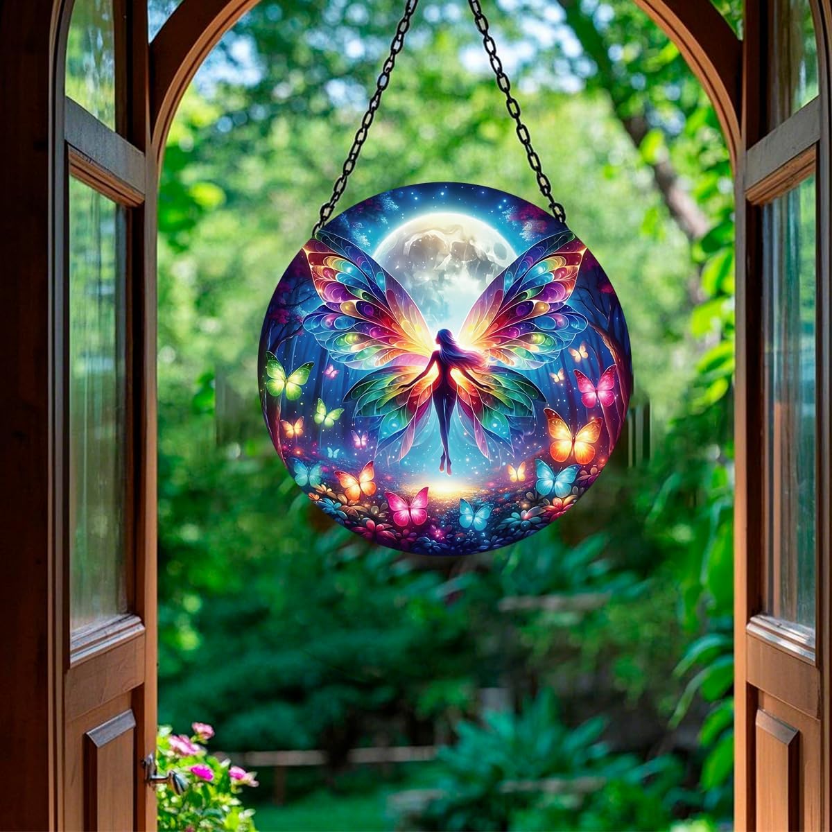 Butterfly Sun Catcher Stained Glass Window Hanging, Handmade Butterfly Fairy Suncatcher Glass Panel Garden Wall Decor, Housewarming Gifts for Women Insect Lover