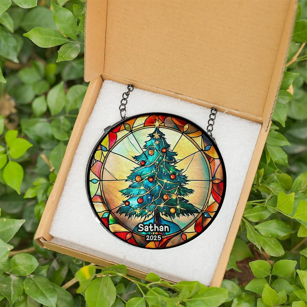 Personalized Stained Glass Christmas Tree Suncatcher, Christmas Handcraft Holiday Ornament with Name and Number, Gift for Family or Friend, Gift for Décor