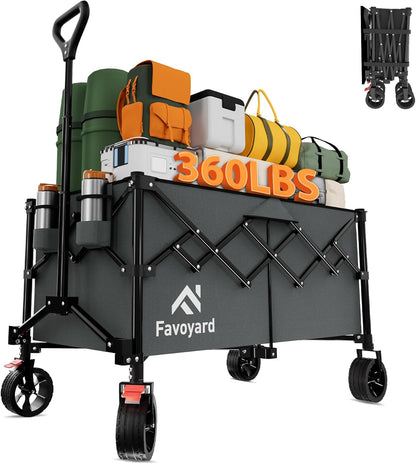 Favoyard Extra Large Collapsible Wagon Carts Foldable 360LBS Heavy Duty Beach Wagons with Big Wheels & Brakes Portable Folding Cart for Shopping Grocery Utility Sports Garden Camping Outdoor, Gray