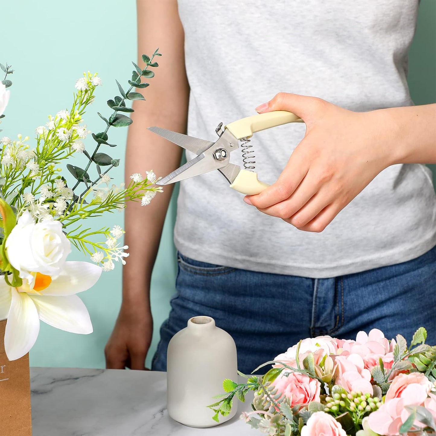 Therwen 12 Pcs Garden Shears Flower Scissors Pruning Shears Floral Garden Clippers Hand Pruners Branch Cutter Gardening Tools for Plants Cutting, Trimming, Fruits Picking (Beige,Bypass, Straight)