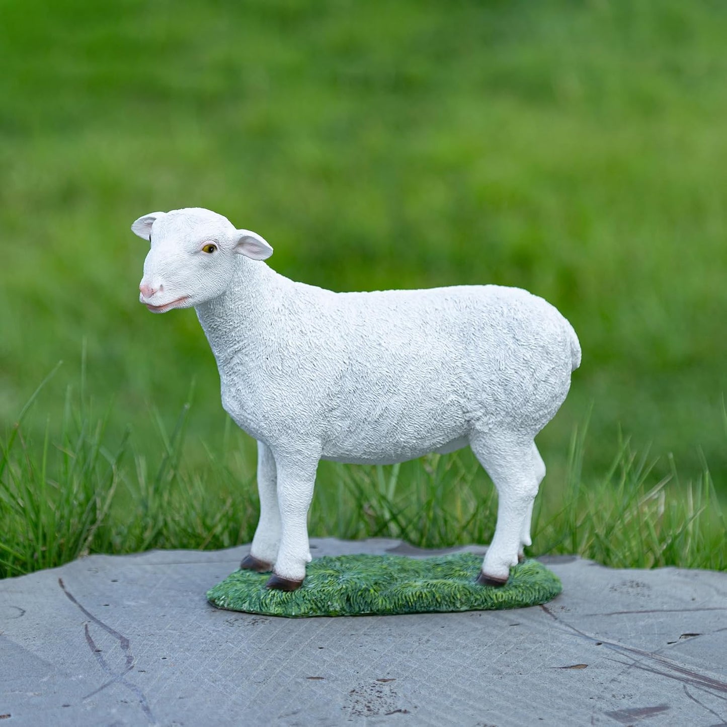 White Standing Lamb Garden Statue, Decorative Resin Sheep Figurine on Grass Base, Farmhouse Animal Outdoor Decor
