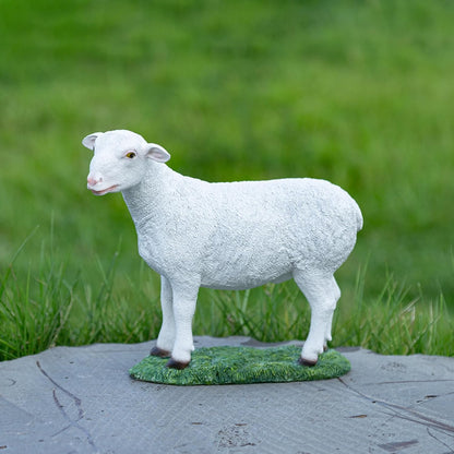 White Standing Lamb Garden Statue, Decorative Resin Sheep Figurine on Grass Base, Farmhouse Animal Outdoor Decor