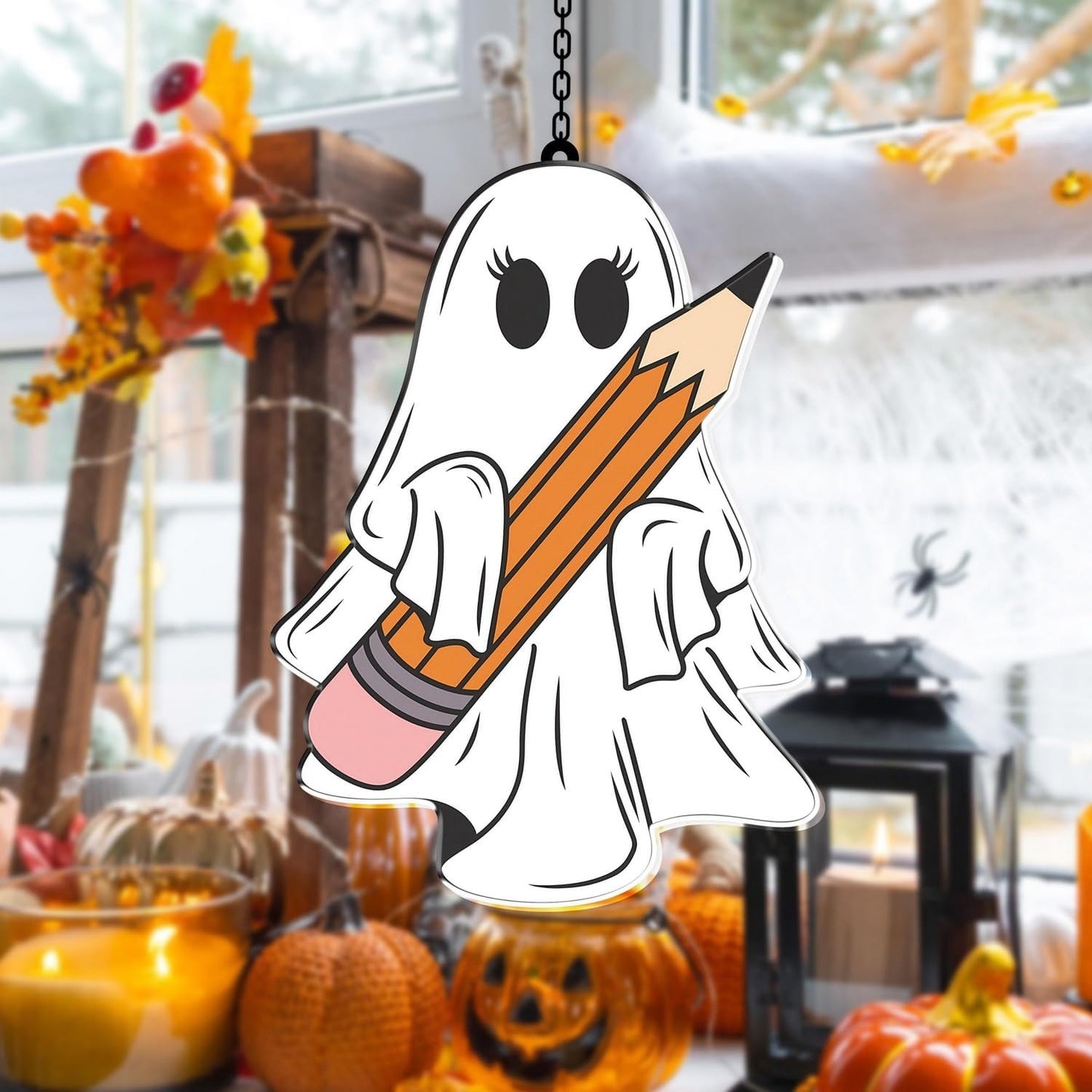 7.87Inch Cute Pencil Ghost Sun Catcher Acrylic Garden Halloween Suncatcher Decor Window Hanging for Wall Home, Garden, Housewarming Women Neighbor Party Decor Gifts