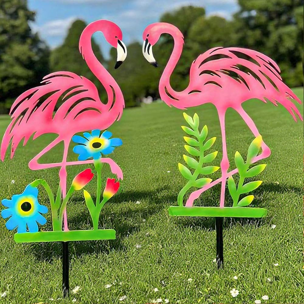 2 Pack Pink Flamingo Garden Statue - 20.5 inch Hand Flamingo Painted Metal Patio Art, Outdoor Decorative Stake Flamingo Statue for Lawn, Patio, Porch and Backyard, Gifts for Ladies (A Style 2 Pack)