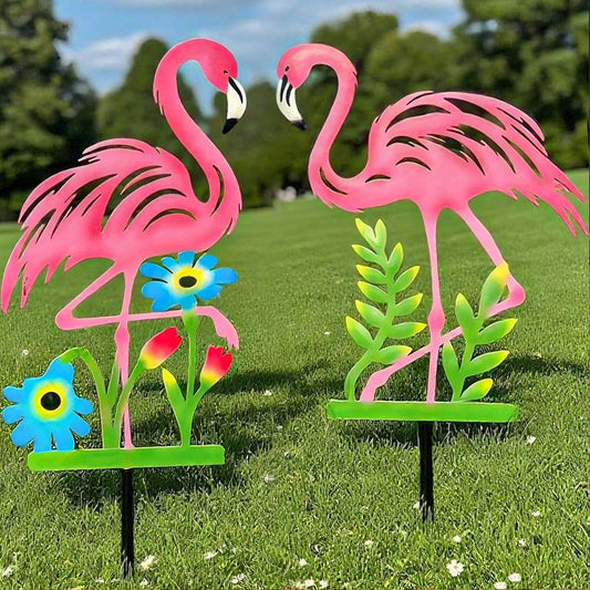 2 Pack Pink Flamingo Garden Statue - 20.5 inch Hand Flamingo Painted Metal Patio Art, Outdoor Decorative Stake Flamingo Statue for Lawn, Patio, Porch and Backyard, Gifts for Ladies (A Style 2 Pack)
