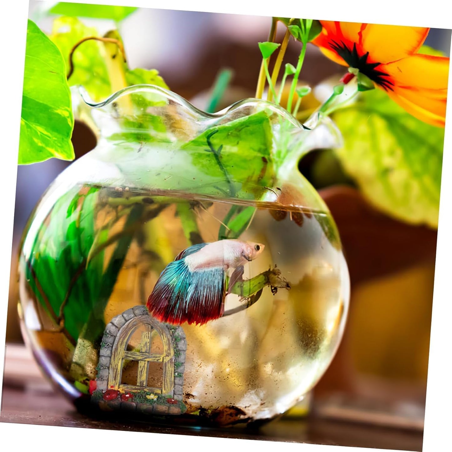 DOITOOL Resin Sculpture, 2 PCS Fairy Garden Door Accessories Miniature Window for Tree, Green with Pink Flower, Indoor/Outdoor Use, Gnome Themed Gift