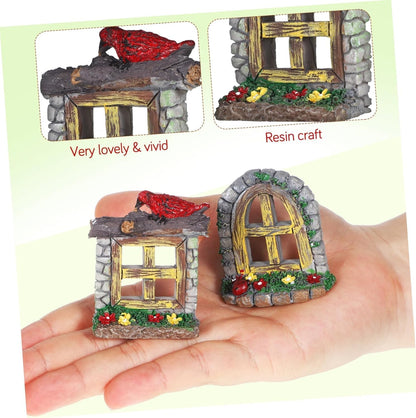DOITOOL Resin Sculpture, 2 PCS Fairy Garden Door Accessories Miniature Window for Tree, Green with Pink Flower, Indoor/Outdoor Use, Gnome Themed Gift