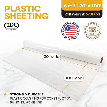 Plastic Sheeting 6 mil, 20' x 100' (2000 sq. ft.) - Semi-Clear Thick Plastic Covering for Construction & Painting - Durable LDPE Film Roll - Plastic Rolls Heavy Duty Outdoor by IDL Packaging