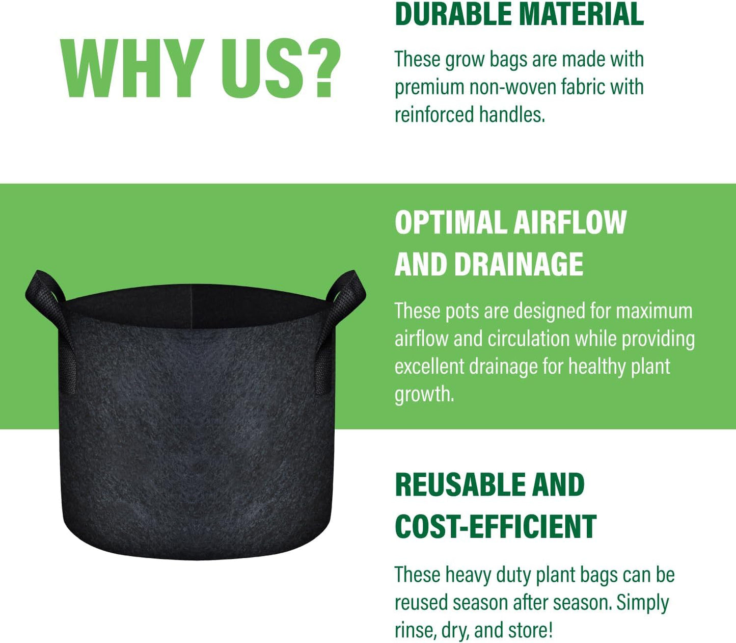 Humboldts Secret Fabric Grow Bags - Non Woven Fabric Plant Pots - Reusable Garden Bags - Plant Grow Bags for Indoor and Outdoor Plants - Thick Fabric Pots with Handles (5-Pack) (10 Gallon)