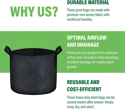 Humboldts Secret Fabric Grow Bags - Non Woven Fabric Plant Pots - Reusable Garden Bags - Plant Grow Bags for Indoor and Outdoor Plants - Thick Fabric Pots with Handles (5-Pack) (10 Gallon)