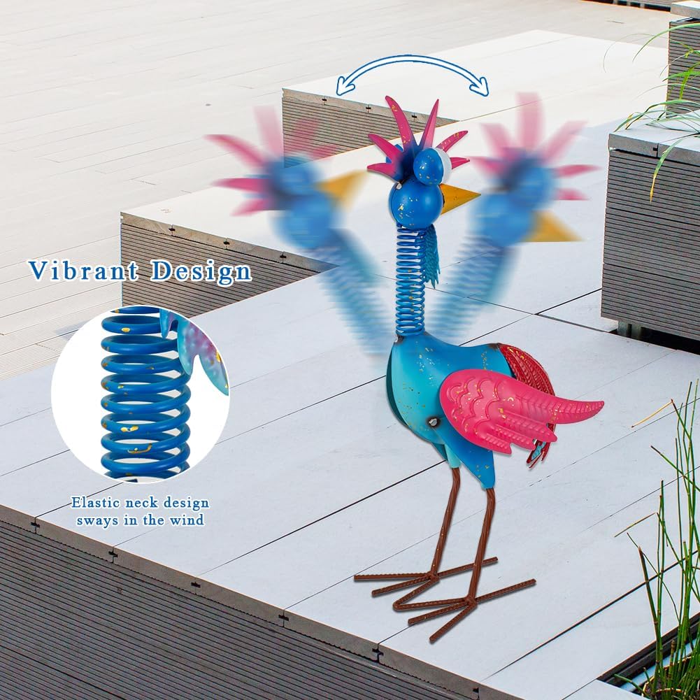 Metal Wacky Rooste Garden Statue, Rooster Decor Yard Statue Decorations Outdoor, Chicken Yard Art for Outside, Patio, Backyrad, Lawn (Blue & Pink)