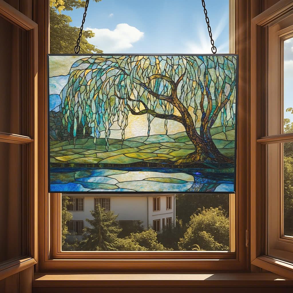 Customized Rectangle Art Nouveau Willow Pond Tree Stained Glass Window Hanging Sun Catcher Halloween Haning Ornament Decoration Christmas Birthday Gifts for Lover Friends Mother