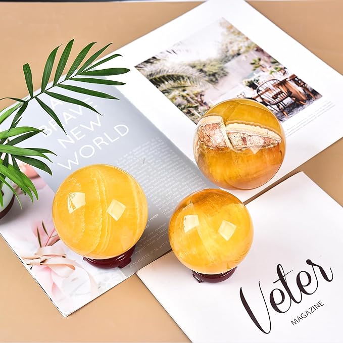 JIC Gem Large Yellow Fluorite Crystal Sphere with Stand Gemstone Decorative Ball for Home Decor Altar Reiki Crystal Gift 80-90mm