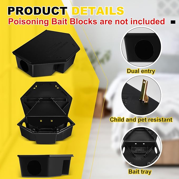 Qualirey 3 Pcs Rat Bait Station with Keys 13.58 x 8.98 x 3.35 Inch Rodent Station Rat Traps, Keeps Children and Pets Safe Indoor and Outdoor, Bait Not Included (Black)