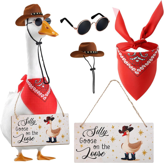 4pcs Western Cowboy Porch Goose Outfits, Silly Goose on The Loose Hangings Sign Cowboy Hat Bandana