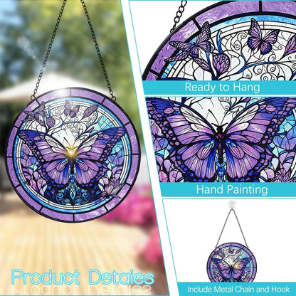 Butterfly Suncatcher Stained Glass Window Hanging - 8” Handmade Stained Glass Suncatchers for Windows Hanging - Sun Catchers Indoor Wall Art Garden Decor Catcher with Hook - Butterfly Gift for Women