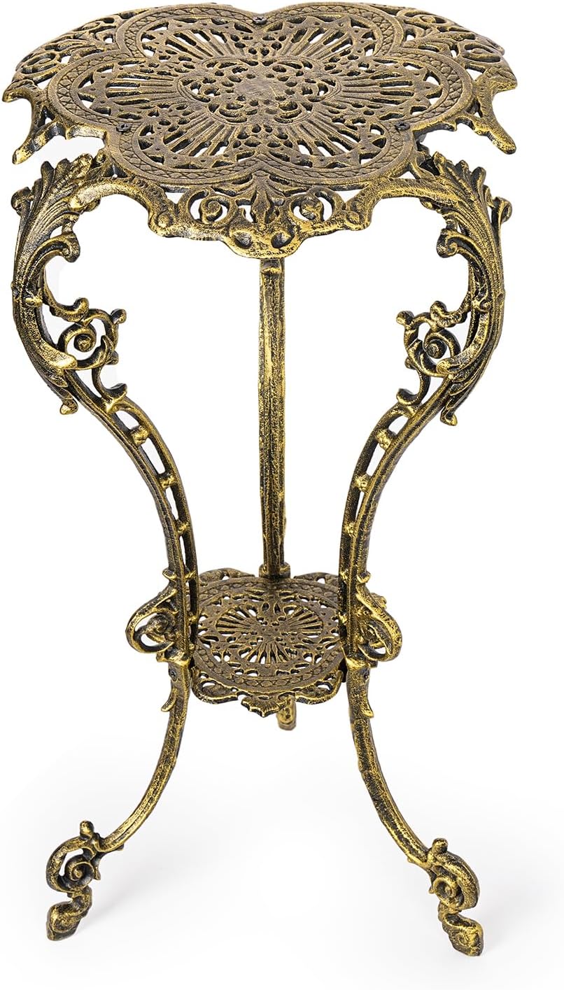 Sungmor Vintage Cast Iron Plant Stand - Ornate Gold Pedestal Table for Indoor Outdoor Garden, 27.5" Antique Metal Flower Pot Holder, Victorian Style Plant Display Stand - Patio, Porch, Balcony Décor