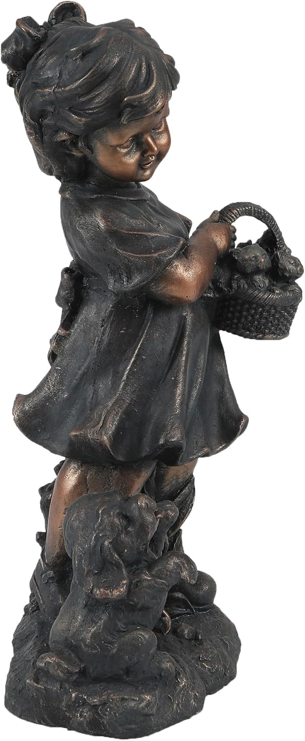 LuxenHome Garden Decor Statue,23" Fiber Stone Girl and Puppy Outdoor Statue, Bronze Garden Sculpture, Outdoor Art for Patio Courtyard Backyard Decor, House Warming Gifts