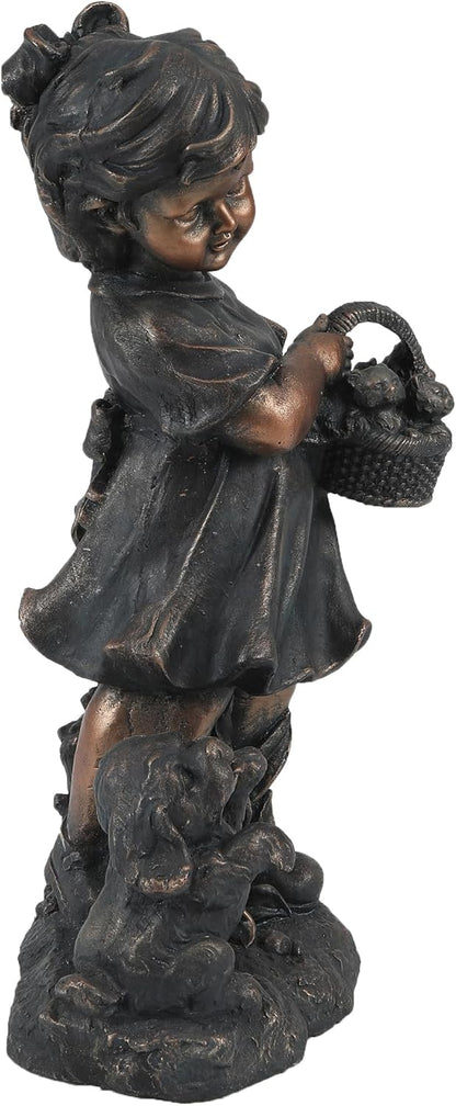 LuxenHome Garden Decor Statue,23" Fiber Stone Girl and Puppy Outdoor Statue, Bronze Garden Sculpture, Outdoor Art for Patio Courtyard Backyard Decor, House Warming Gifts