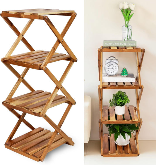 BEEFURNI Acacia Plant Stand Indoor Corner, Wooden Outdoor 4 Tier Corner Planter Stand, Foldable Shelf Display, Tall Plant Bench for Succulent, Easy Assembly, Window Decor, 1-year Manufacturer Warranty