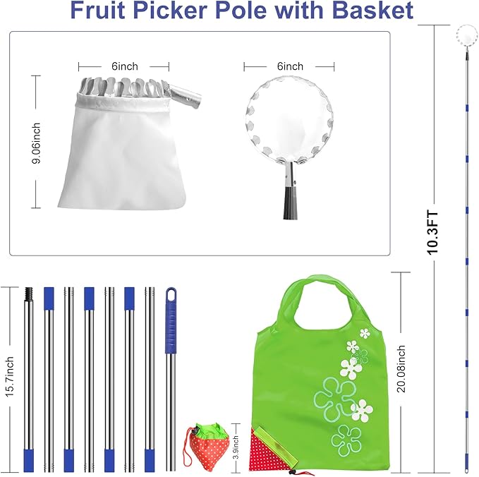 Numola Fruit Picker Pole with Basket, 10.3FT Adjustable Pole with 2 Strawberry Bags for Orange, Lemon, Avocado, Mango, Cherry, Apple, Pear, Apricot, Limes, Peach, Plums, Persimmons Tree Picker, Blue