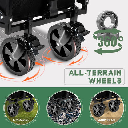 Collapsible Folding Wagon Cart with Tailgate - 300lbs Heavy Duty Foldable Utility Wagon and Brake Wheels - 100L Lightweight Grocery Wagons for Shopping Camping Sports Garden, Black