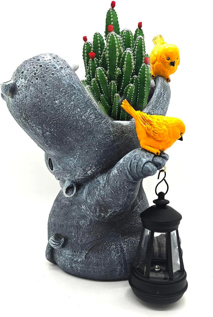 Large Hippo Solar Garden Outdoor Statues Hippo Planter Flowers Vase for Fresh/Artificial Hippo Figurine Garden Statue with Solar Lantern Bird Statue Hippo Gifts Housewarming Gift