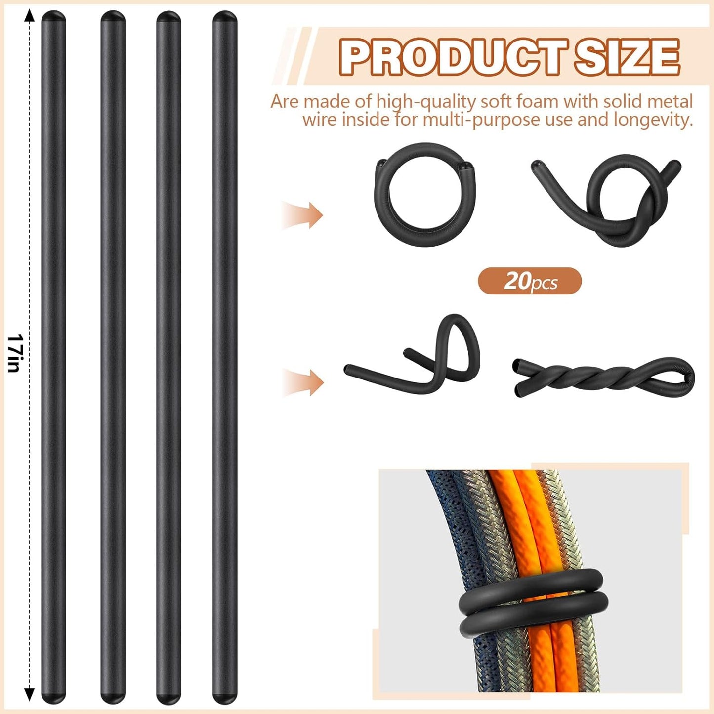 20 Pcs 17 Inch EVA Foam Twist Rubber Ties Reusable Bendable Cable Tie Straps Flexible Heavy Duty Twisty Ties for Organizing Cords Bundling (Black)