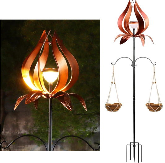 Solar Wind Spinner Outdoor Metal 83 Inch Windmill for Yard Garden Patio Decor Metal Yard Art Garden Art Easter Outdoor Decors Large Landscape Light with Shepherd Hooks Coconut Baskets