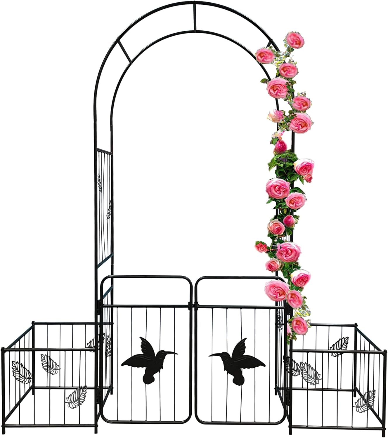 Metal Garden Arbor Arch with Gate and Plant Box, 86.6" H Garden Trellis Wedding Arch Party Decoration for Outdoor Lawn Climbing Plants Support Roses Vines (Bird)