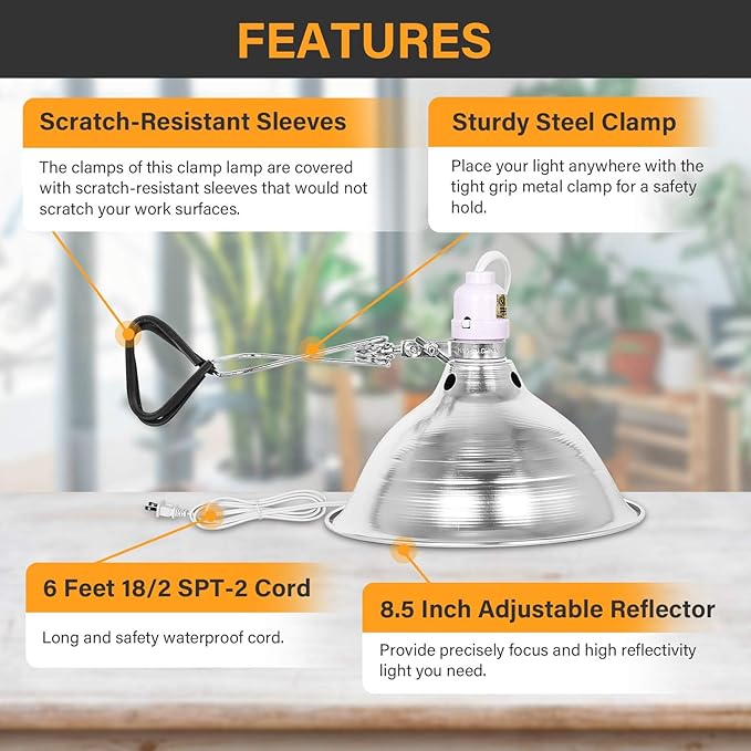 Simple Deluxe Clamp Lamp Light 150 Watt with 8.5 Inch Aluminum Reflector (no Bulb Included), 6 Feet Cord, 2 Pack, White