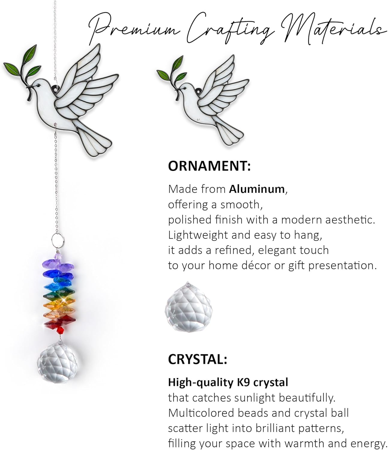 Aluminum Ornament Suncatcher - Dove - Rainbow Maker Prisms Home Decor - Christmas Ornament - Gift Idea for Mom Friends Grandma Christmas Thanksgiving - Window Decor Hanging Ornaments