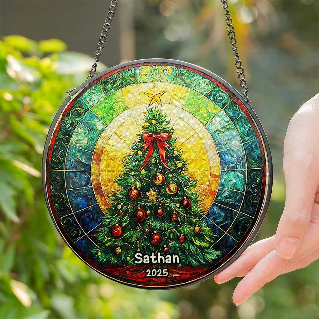 Personalized Stained Glass Christmas Tree Suncatcher, Christmas Handcraft Holiday Ornament with Name and Number, Gift for Family or Friend, Gift for Décor