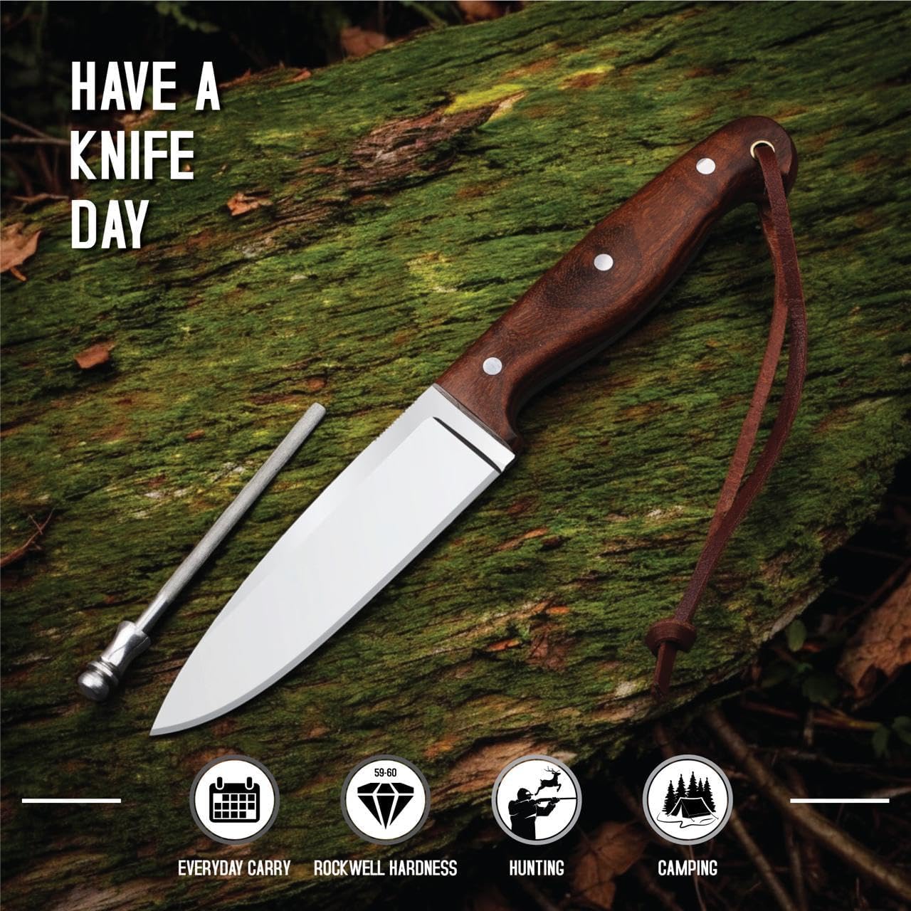 H & H BLADES Handmade D2 Steel Skinning Knife With Leather Sheath-10 Fixed Blade Hunting Knife Best For Bushcraft, Survival,Camping,Fishing and Outdoor Activities-Collector Hunter Men Gifts
