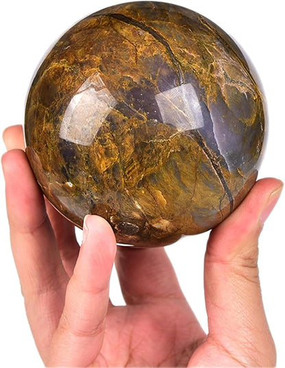 JIC Gem Large Blues and Golden Browns Crystal Sphere with Stand Pietersite Crystal Ball Sphere Gemstone Decorative Ball for Home Decor Altar Reiki Feng Shui Crystal Gift 80-90mm