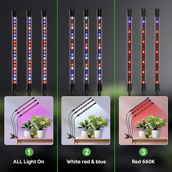 Tri-Heads Grow Lights for Indoor Plants, Full Spectrum with Adjustable 360 Gooseneck, 6/12/18H Timer & Dimming