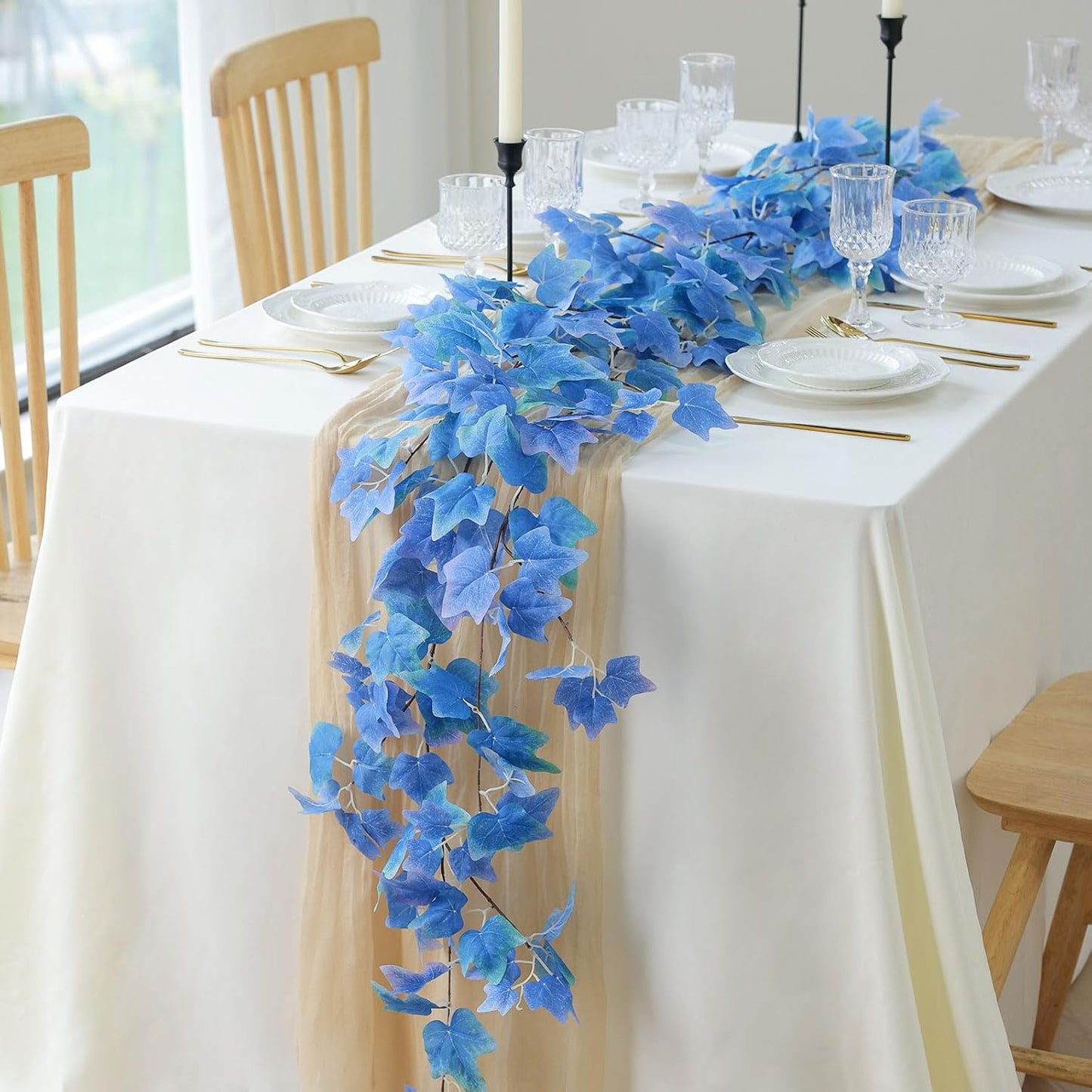 mizii 5 Packs 360" Artificial Vines Blue Ivy Garland Realistic Fake Vine Silk Leaves Faux Hanging Plants Greenery Decoration for Outdoors Wedding Party Indoor Mantle Bedroom Home Decor (Blue Ivy)